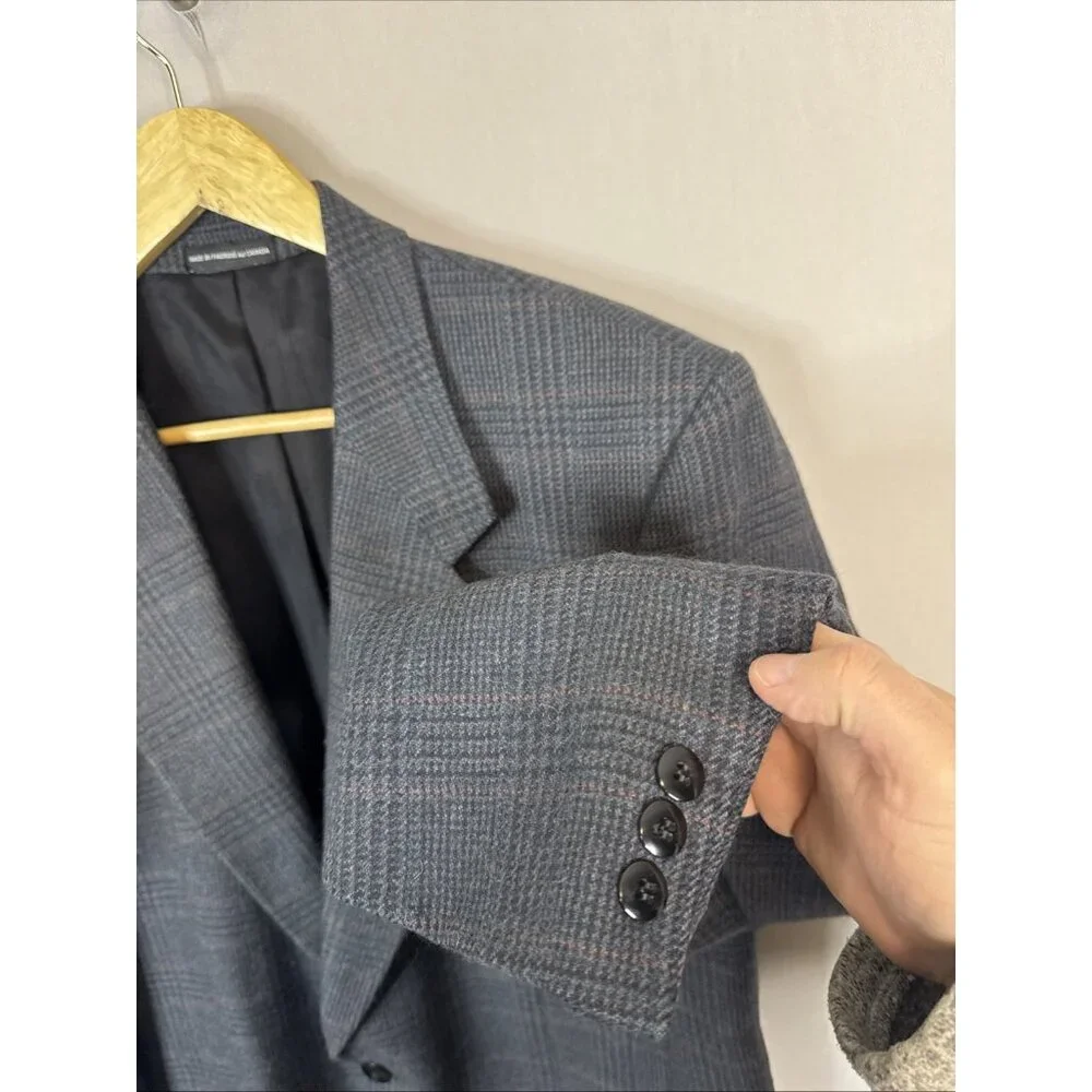 Alpaca Wool Blazer Men 40R Gray Plaid Sport Coat Single Breasted‎